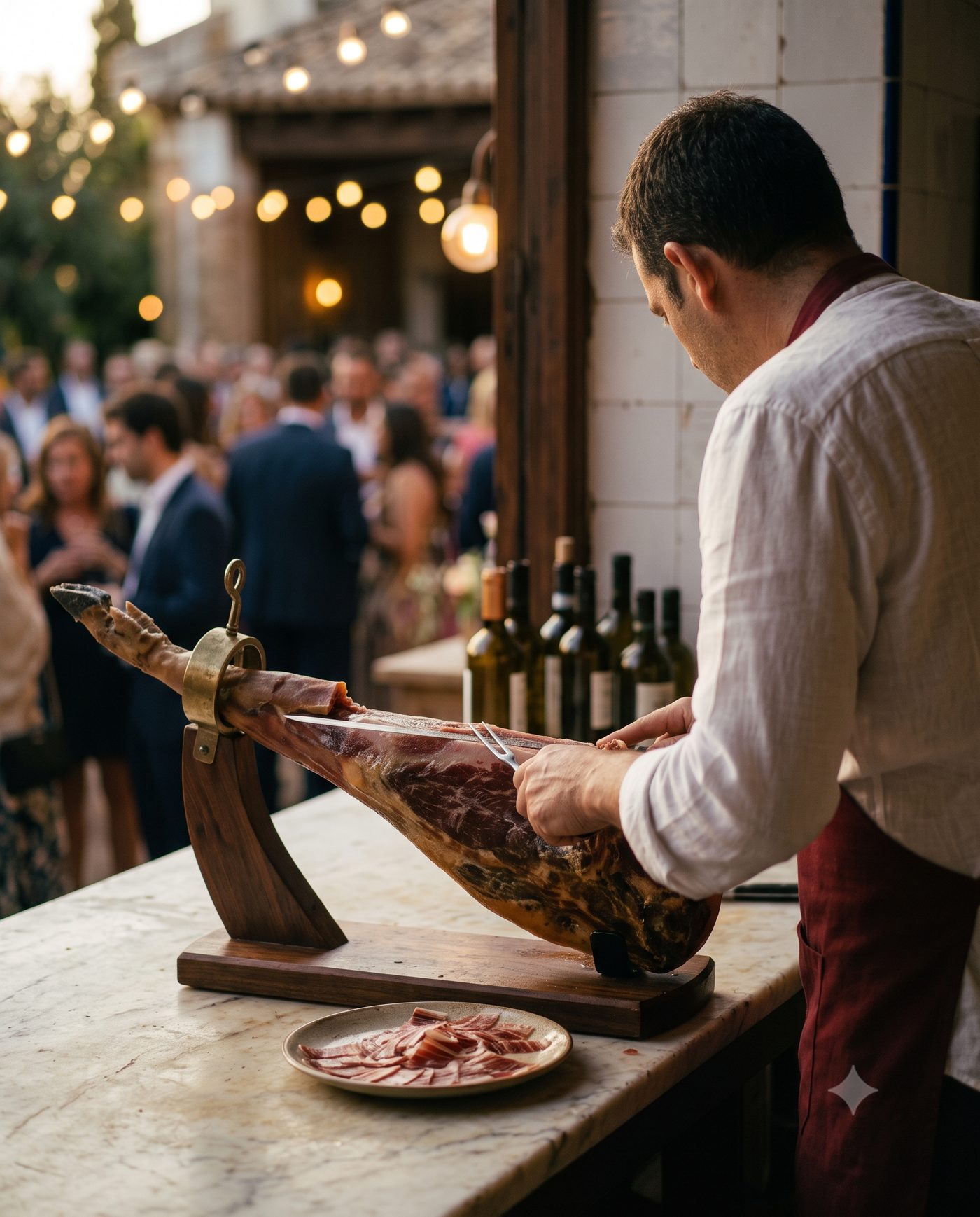 Cortador profesional cortando jamón en un evento