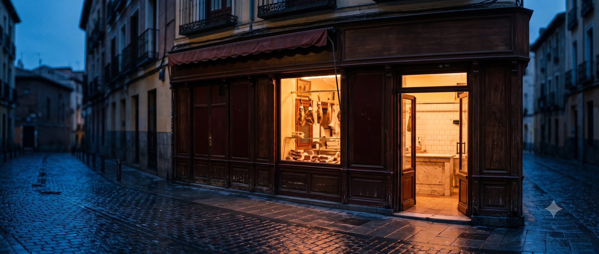 Fachada de la charcutería La Española al anochecer